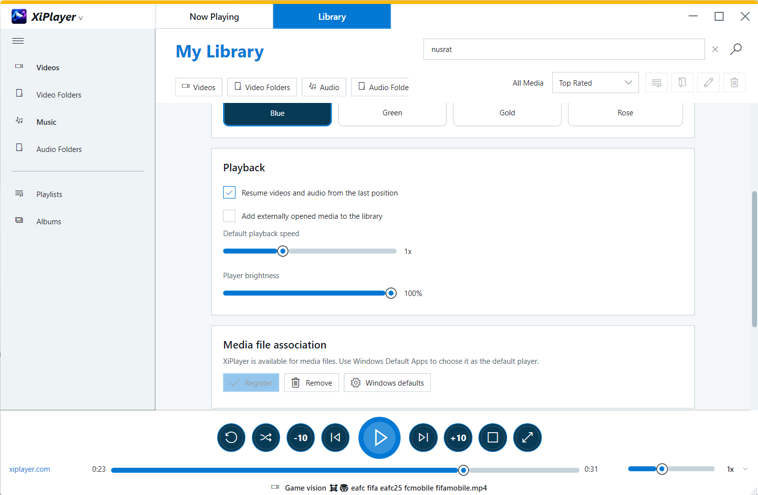XiPlayer Windows playback and file association settings